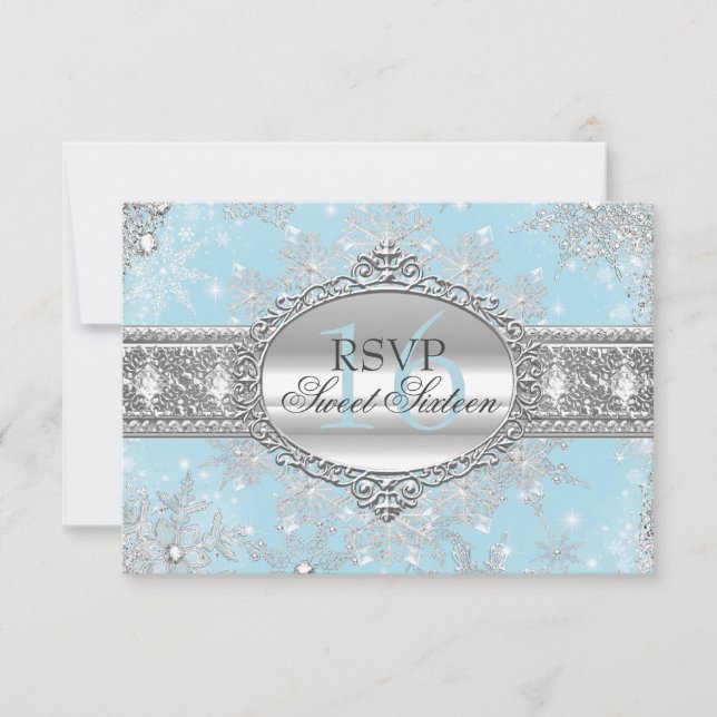 Blue Snowflake Winter Wonderland Sweet 16 RSVP (Anverso)