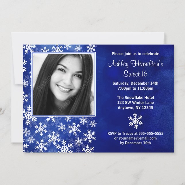 Blue Snowflakes Foto Sweet 16 Invitaciones (Anverso)