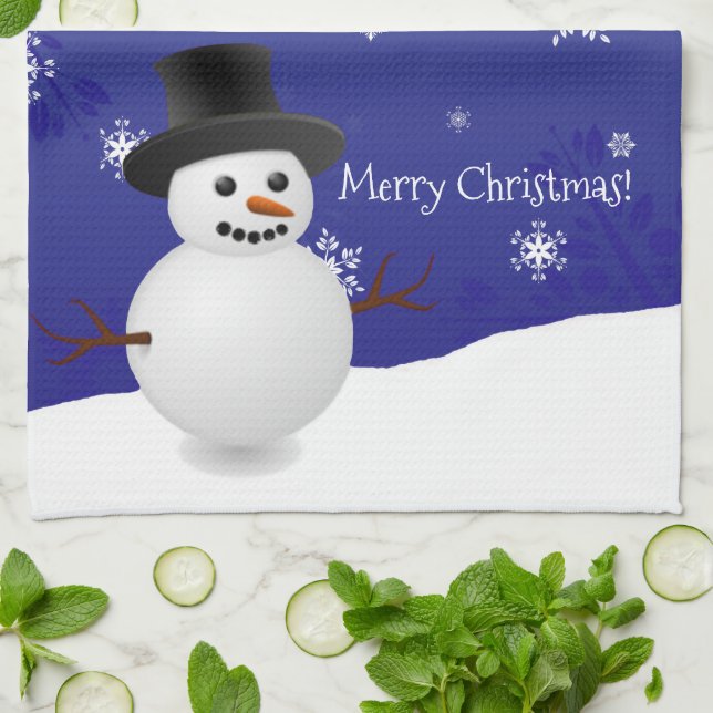 Blue Snowman Winter Scene Navidades Kitchen Toalla (Doblado)