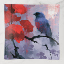 Blue Songbird with Cherry Red Blossoms