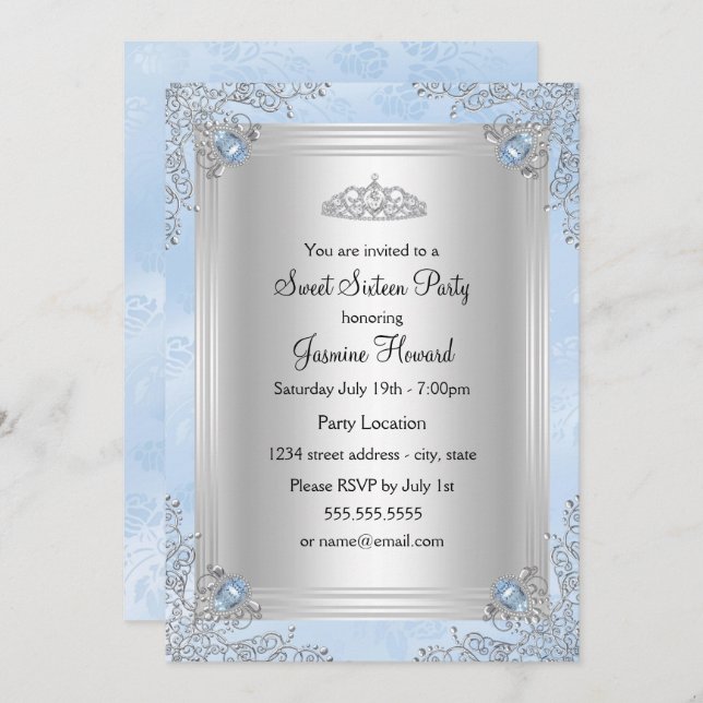 Blue Sparkle Jewel & Tiara Sweet 16 Invitación (Anverso / Reverso)