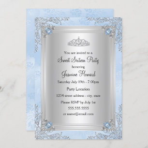 Blue Sparkle Jewel & Tiara Sweet 16 Invitación