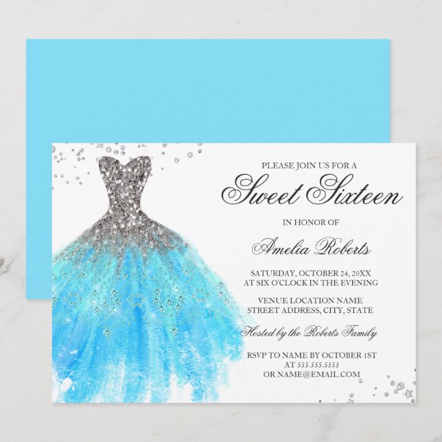 Blue Sparkle Vestido Dulce Invitación (Anverso / Reverso)