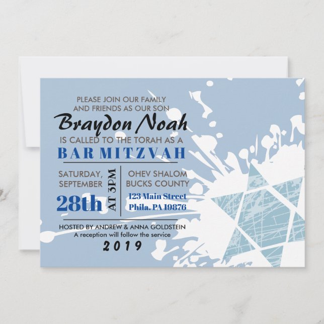 Blue Splatter Star Bar Bat Mitzvah Invitación (Anverso)