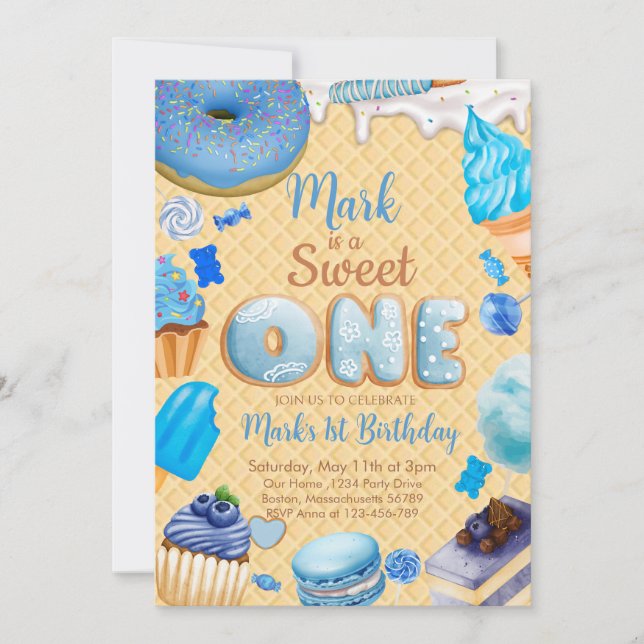 Blue Sweet One First Birthday Boy Invitación (Anverso)