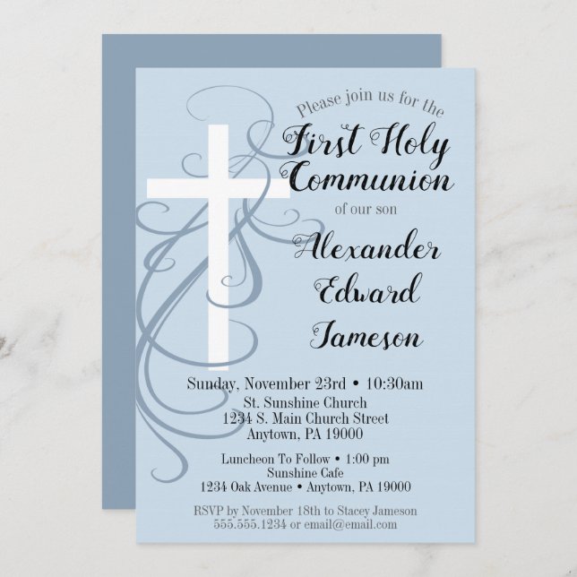 Blue Swirl Cross First Holy Communition Invitación (Anverso / Reverso)