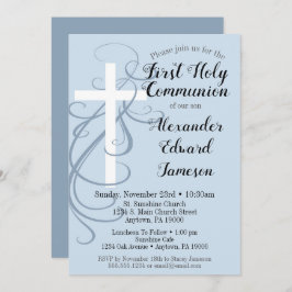 Blue Swirl Cross First Holy Communition Invitación