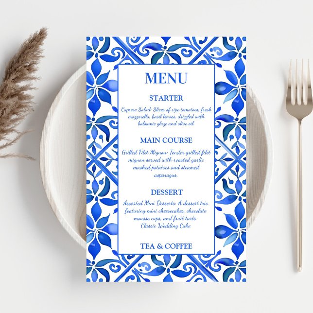 Blue Talavera Menú boda de azulejos españoles vint (Vintage Talavera Spanish Mexican Mediterranean Blue tiles wedding menu card reception table decor)