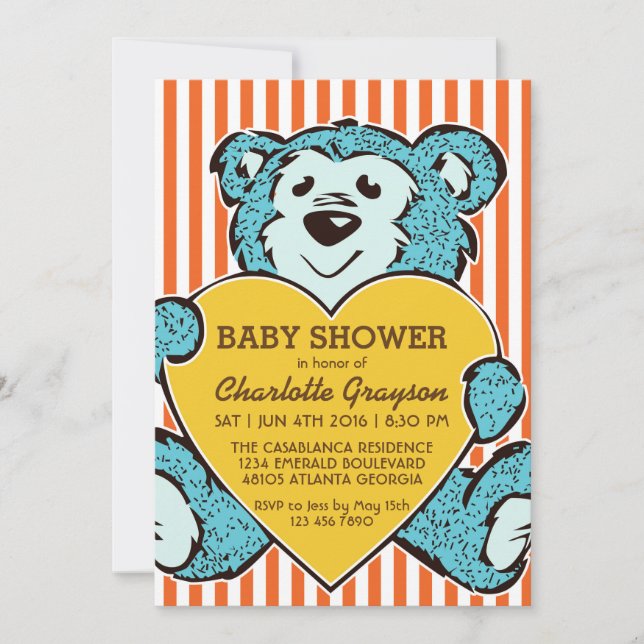 Blue Teddy Bear and Love Baby Shower Invitación (Anverso)