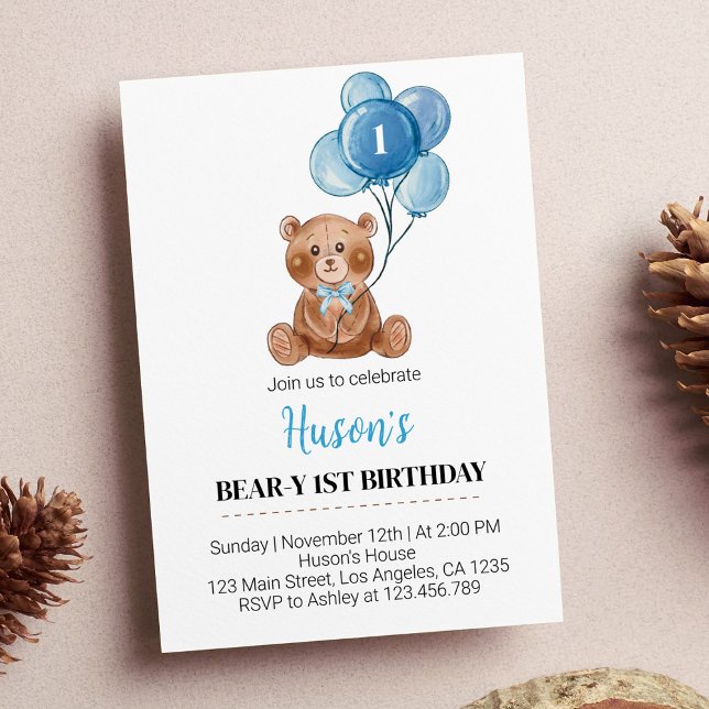 Blue Teddy Bear Globos Invitación de primer cumple (Subido por el creador)