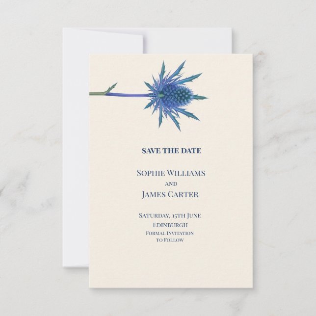 Blue Thistle Anuncio de Boda Escocesa Save The Dat (Anverso)