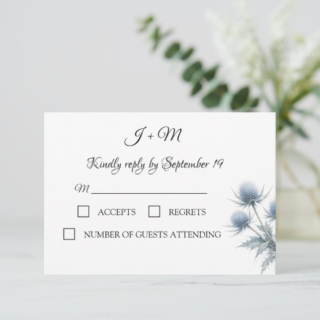 Blue Thistle Scottish Simple Wedding RSVP (Anverso de pie)