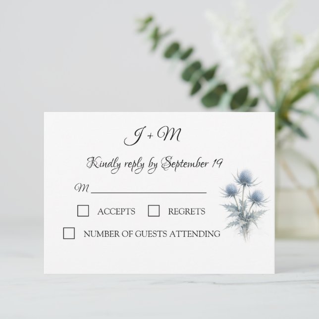 Blue Thistle Scottish Simple Wedding RSVP (Anverso de pie)