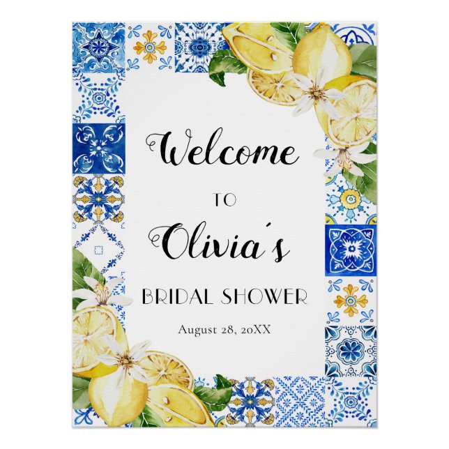 Blue Tile Lemon Amalfi Coast Bridal Shower Poster (Anverso)
