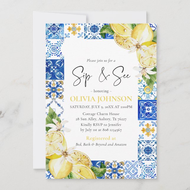 Blue Tile Lemons Sip y Ver Invitación Baby Shower (Anverso)