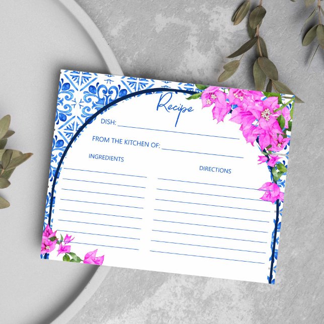 Blue Tiles Bougainvillea tarjeta de recetas medite (Blue Tiles Bougainvillea Mediterranean bridal shower Recipe card Italian Greek bridal shower)