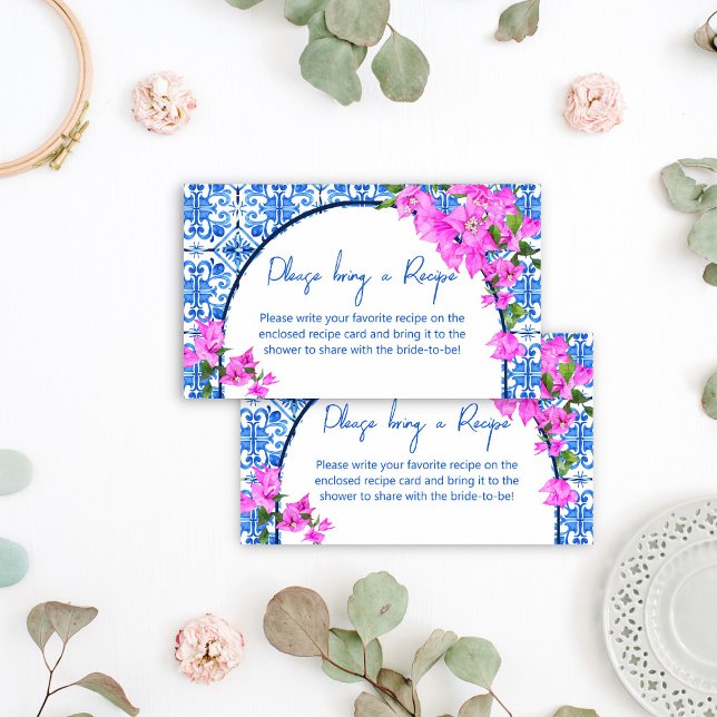 Blue Tiles Bougainvillea tarjeta de recetas medite (Blue Tiles Bougainvillea Mediterranean themed bridal shower Recipe enclosure card)