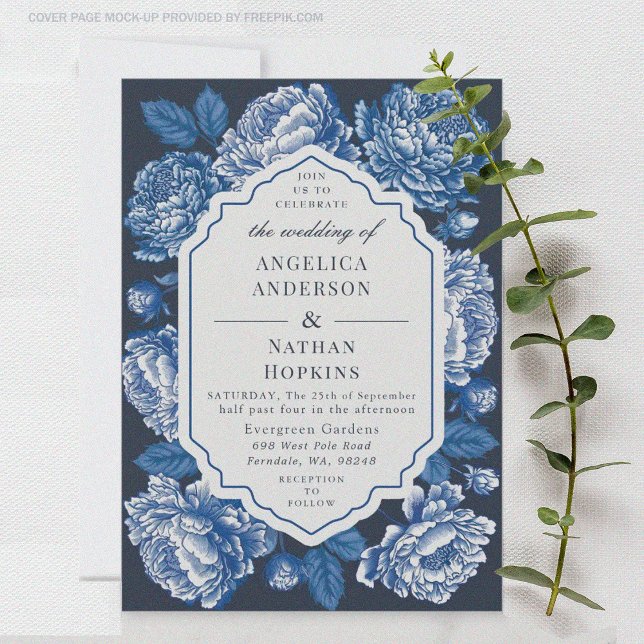 Blue Toile De Jouy Peony Invitación a Boda Floral (Subido por el creador)