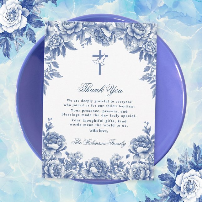Blue Toile Flower Baptism Gracias Tarjeta (Subido por el creador)