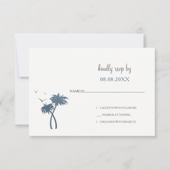 Blue Tropical Palm Tree Wedding rsvp (Anverso)