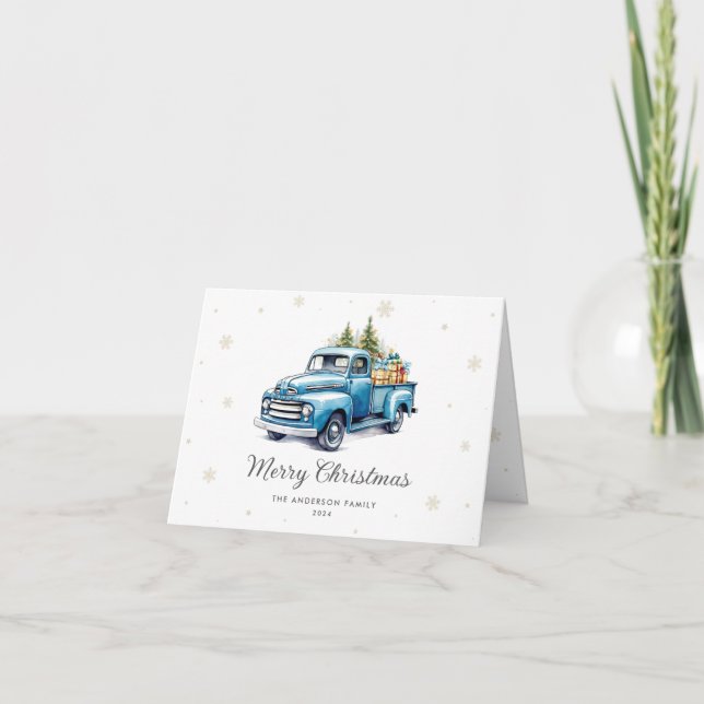 Blue Truck Snowflake Foto Tarjeta navideña Merry (Anverso)
