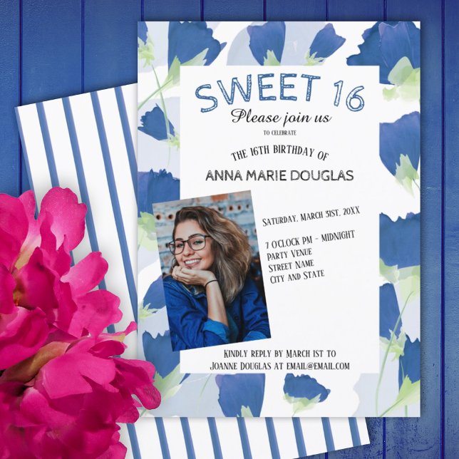 Blue Tulip Sweet 16 Invitaciones (blue tulips floral summer spring springtime sweet 16 sixteen party invitations, flowers, stripes)