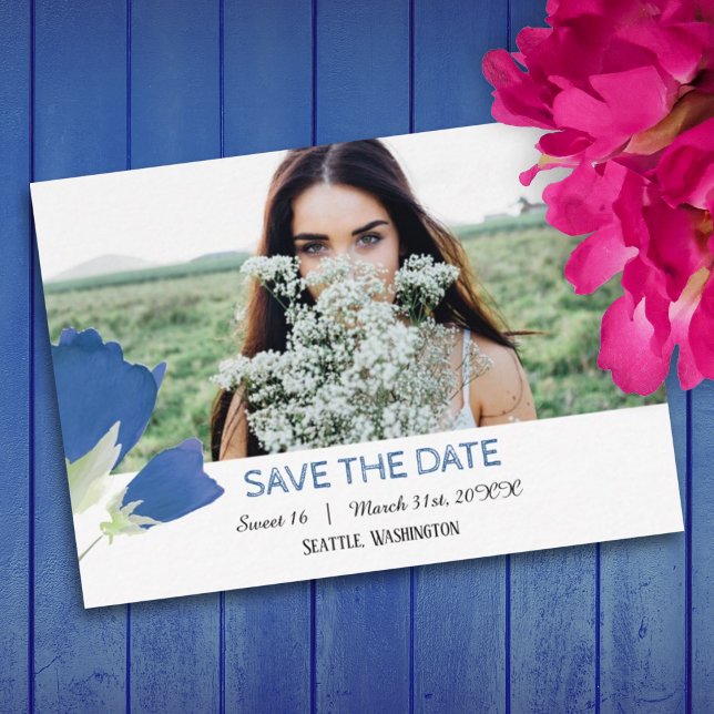 Blue Tulips, Floral Sweet 16 Guardar la tarjeta de (spring springtime blue tulips birthday party for sweet 16 save the date card)