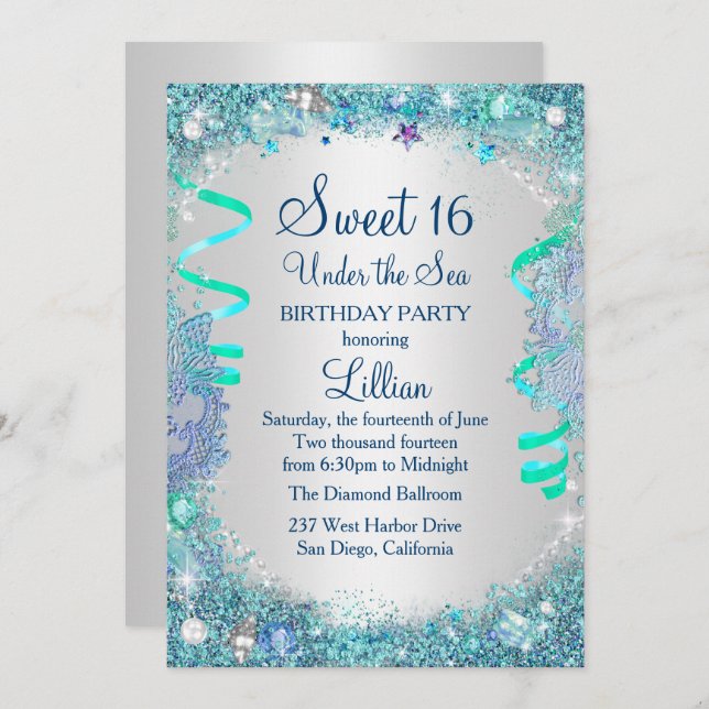 Blue Under the Sea Sweet 16 Invitación (Anverso / Reverso)