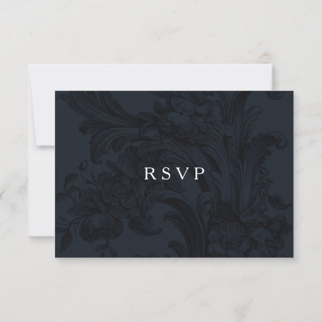Blue Victorian ornamental RSVP con opciones de com (Reverso)