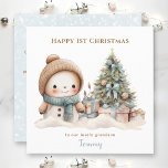 Blue Vintman Snowman Boy Primera Tarjeta de Navida<br><div class="desc">Tarjeta de navidades con un adorable muñeco de nieve vintage de azul para bebé o niño. Personaliza fácilmente el texto. - Kate Eden Art</div>