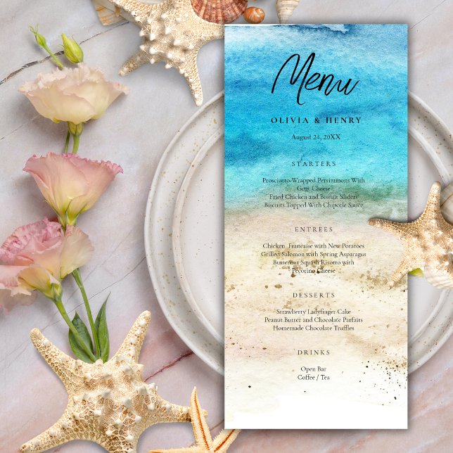 Blue Watercolor Beach Wedding Menu (Subido por el creador)