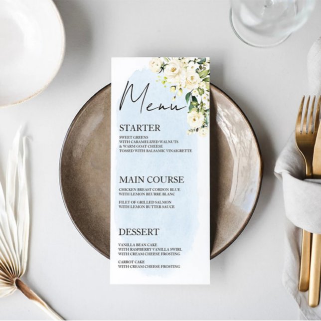 Blue Watercolor Boda Rosa Blanca Tarjeta de menú (Subido por el creador)