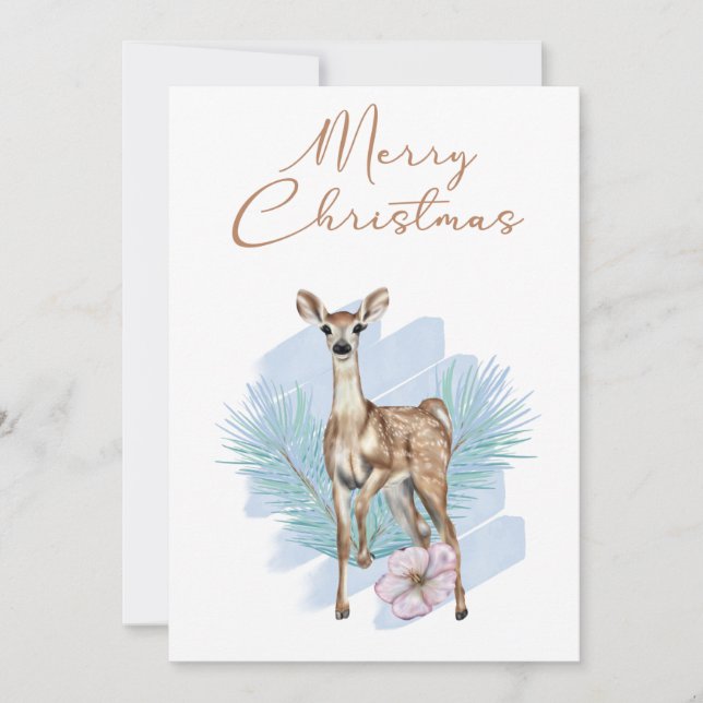 Blue Watercolor Deer Pine Lees tarjeta de Navidade (Anverso)