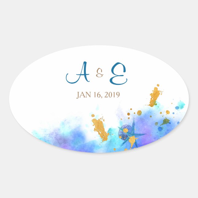 Blue Watercolor Dolphin Boda Oval Pegatina (Anverso)