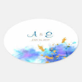 Blue Watercolor Dolphin Boda Oval Pegatina