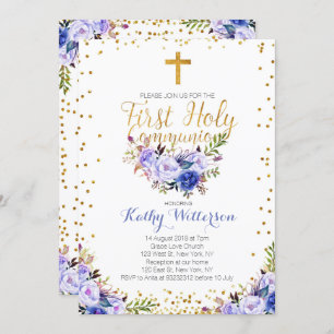 Blue Watercolor First Holy Communition Invitación