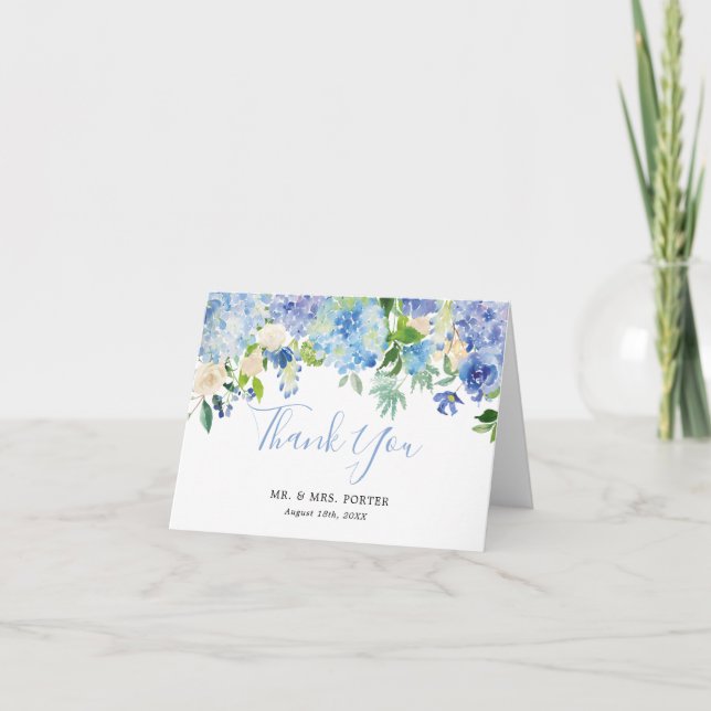 Blue Watercolor Floral Boda Gracias Tarjeta De Not (Anverso)