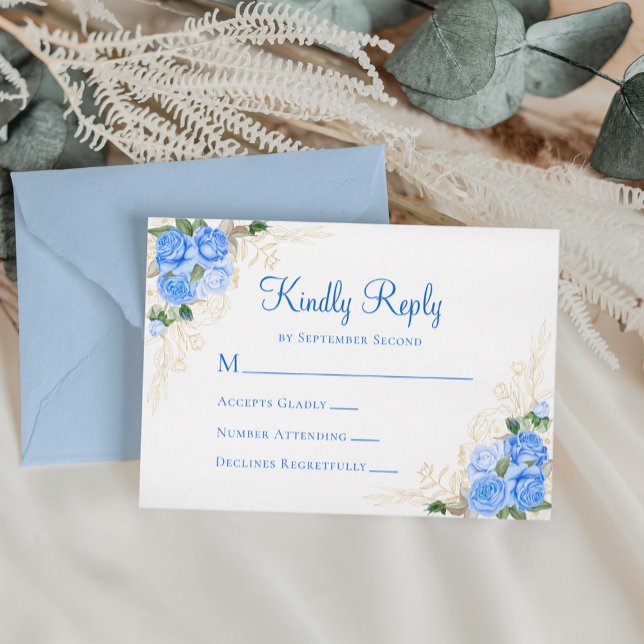 Blue Watercolor Floral Gold Wedding RSVP Card (Subido por el creador)