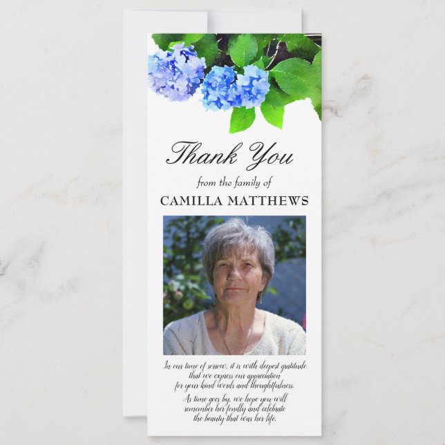 Blue Watercolor Floral Photo Bereavement Gracias (Anverso)