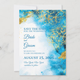 Blue Watercolor & Gold Flower Guardar la tarjeta d