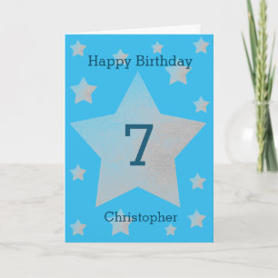 Blue Watercolor Gray Stars 7ª tarjeta de cumpleaño