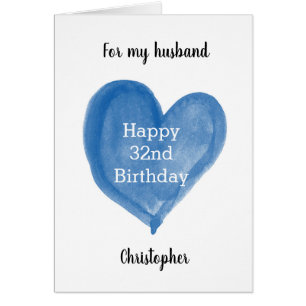 Blue Watercolor Heart 32nd Birthday