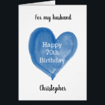 Blue Watercolor Heart 70th Birthday<br><div class="desc">Una tarjeta personalizada de cumpleaños número 70 para él, que presenta una acuarela azul corazón que dice "Feliz cumpleaños número 70". El mensaje de la tarjeta interior lee un mensaje de cumpleaños, que se puede editar fácilmente. La parte trasera de esta tarjeta de cumpleaños número 60 personalizada para él cuenta...</div>