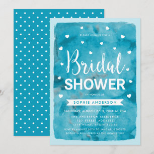 Blue Watercolor Hearts Bridal Shower Invitación