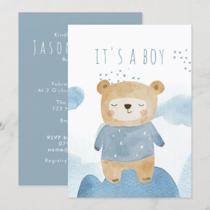 Blue Watercolor lindo oso Baby Shower Invitación