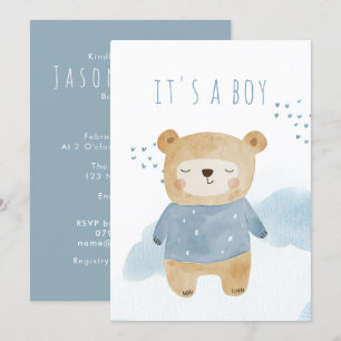 Blue Watercolor lindo oso Baby Shower Invitación