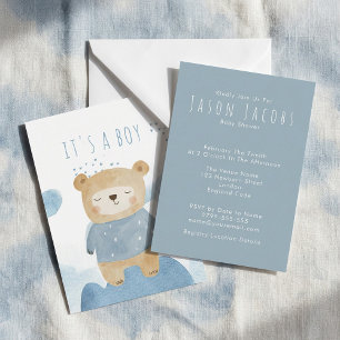 Blue Watercolor lindo oso Baby Shower Invitación