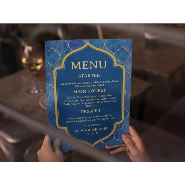 Blue Watercolor Moroccan Wedding Menu (Subido por el creador)