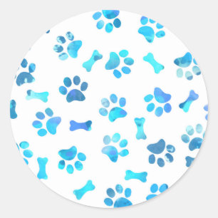 Blue Watercolor Paw Imprime Pegatina redondo clási