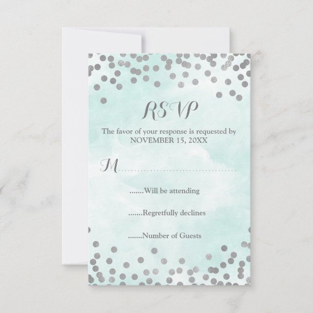Blue Watercolor Plata Boda Confetti RSVP (Anverso)